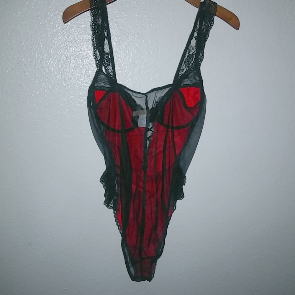 California Dynasty L Underwire Lace Trimmed Ribbon Lace Up Front Teddy Lingerie - Picture 10 of 10